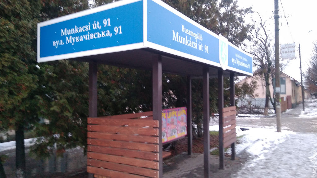 Назва зупинки автобусу на двох мовах  українській та угорській. Берегове