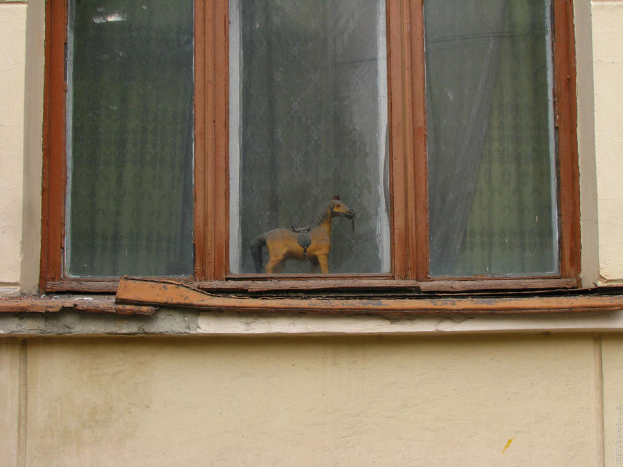 Іграшка конячка в пилюці у якомусь вікні. Чернівці, Україна