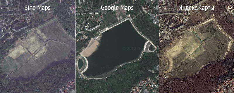 Порівняння знімків озера Valea-Morilor на Bing Maps, Google Maps, Яндекс.Картах. Кишинів, Молдова