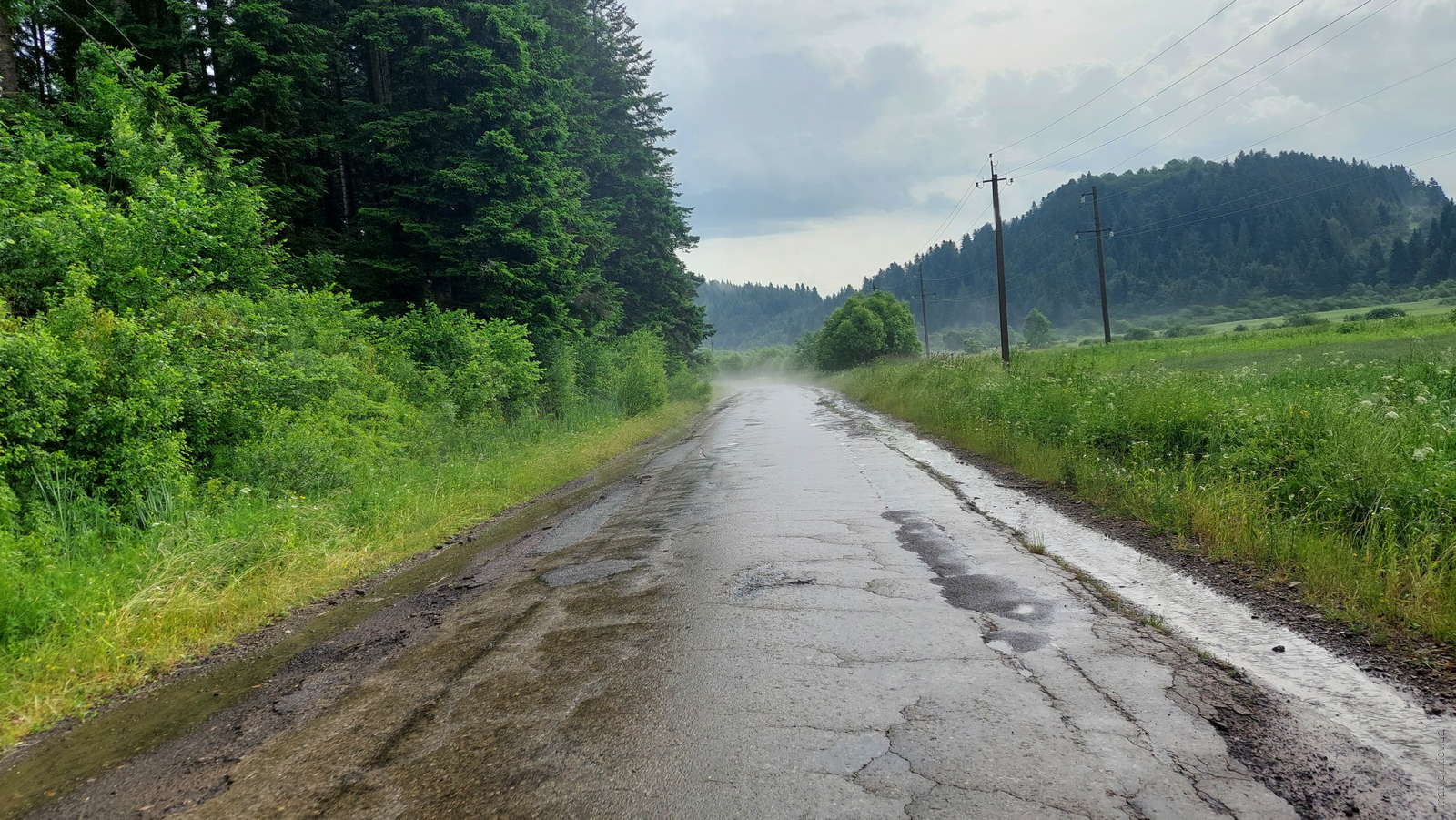 Старий асфальт на дорозі з села Лаврів у Карпатах, Україна. Парує після зливи