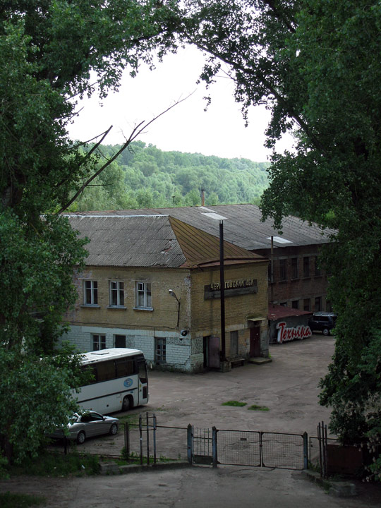 Вид з пішоходного моста на Чернігівський АСК у красивій арці з дерев