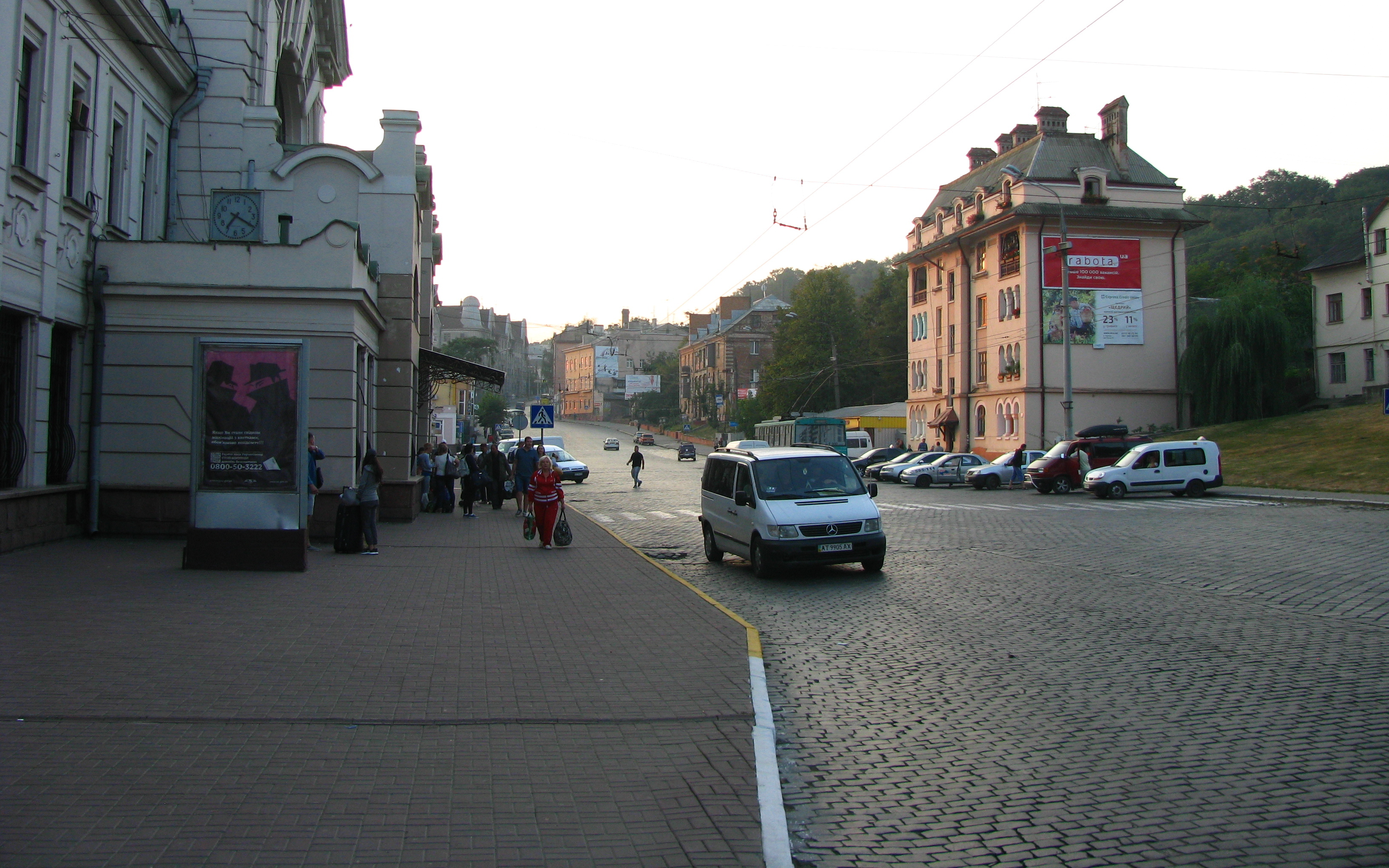 Morning near the train station. Haharin street, paving stones. Chernivtsi, Ukraine