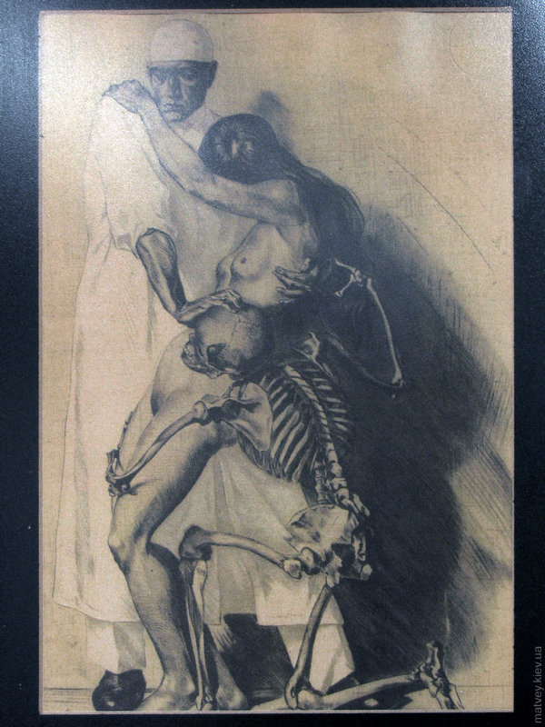 Рисунок: врач отталкивает смерть-скелет от голой пациентки. Графика. Музей больницы Беязита второго. Эдирне, Турция
