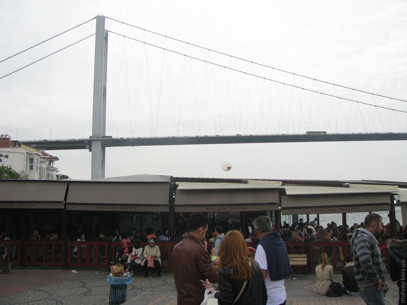 Босфорский мост над толпой поедающих кумпиры на Ортакёе. Стамбул, Турция