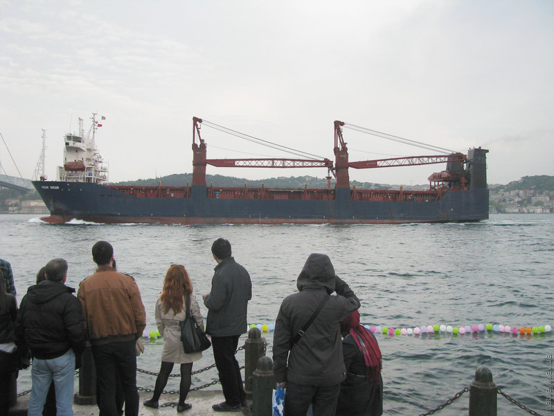 Корабль-погрузчик Ocean Dream проплывает мимо Ортакёя. Стамбул, Турция
