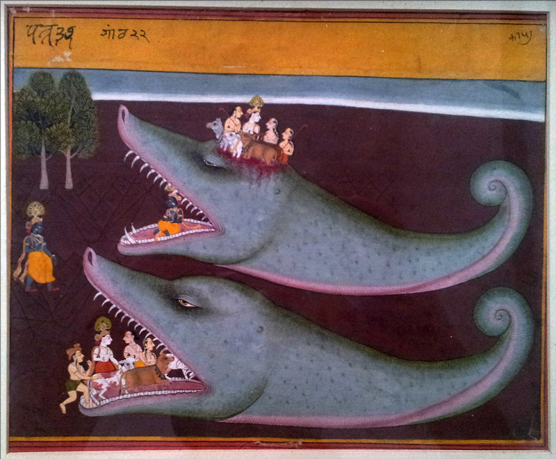 Риба їсть Шиву та його друзів на прогулянці, але Шива неїстівний, та розриває рибі голову. Мініатюра в Альберт холі, Джайпур, Індія